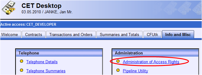 Link to the CET administration screen