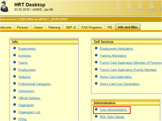 Link to the User Administration from within HRT