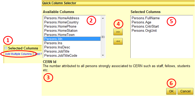 Selecting columns with the quick column selector