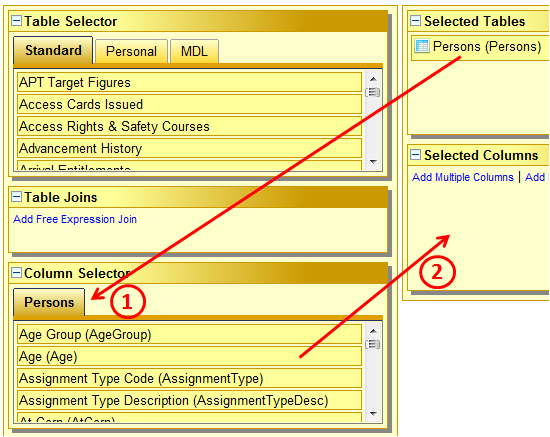 Selected table and contained columns